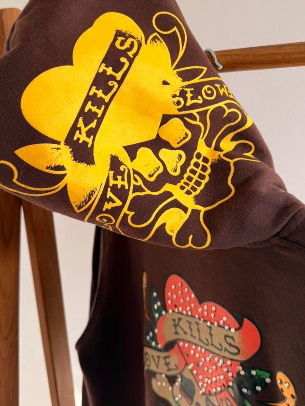 Ed Hardy Women’s Brown Graphic Hoodie - Heart & Skull Print - Picture 3 of 5
